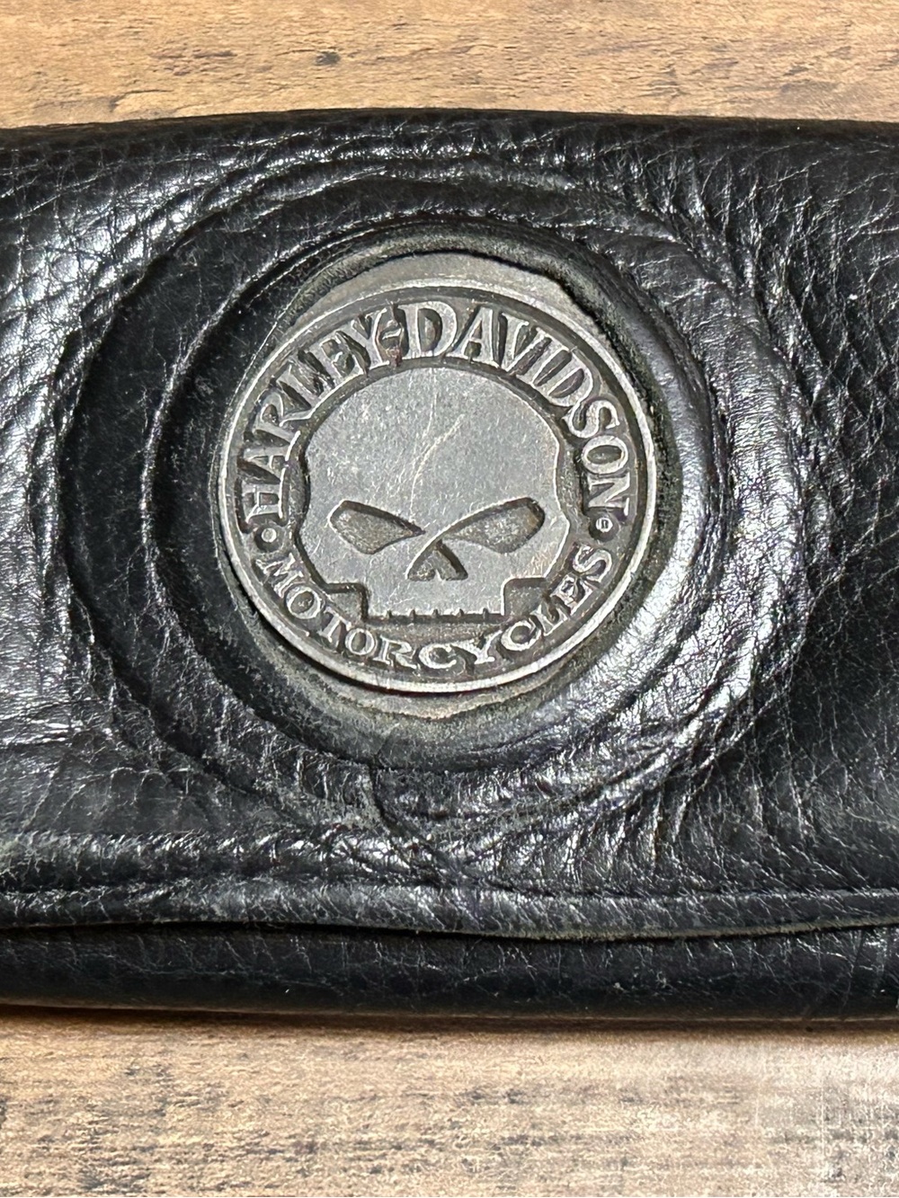 💟Harley Davidson Willie G Skull Black Leather Biker Wallet Trifold Chain Style